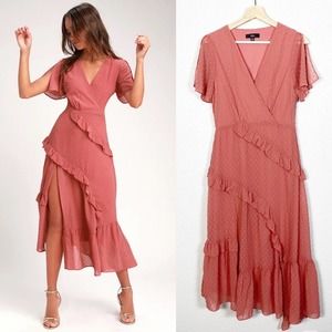 Lulu’s Womens Next to You Rusty Rose Swiss Dot Ruffled Midi Dress Size Small